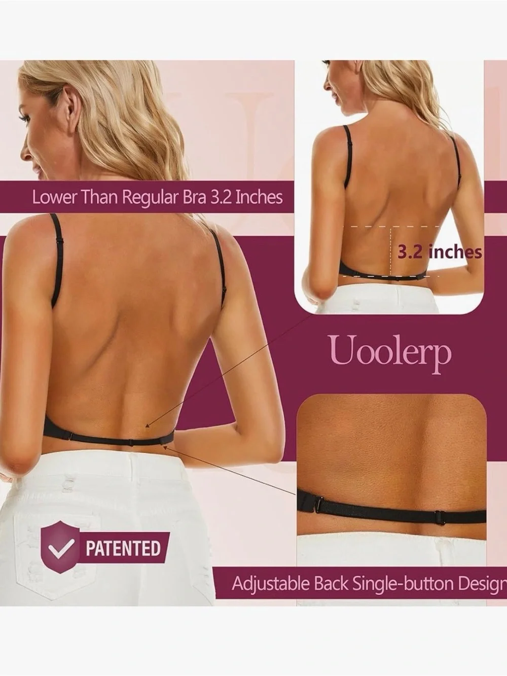 NWT Uoolerp Adjustable Low Back Bra -Black 38D - Picture 3 of 7